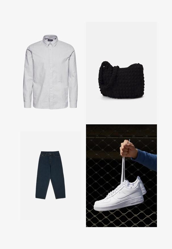 Matinique TROSTOL - Camicia - morel; Jeans a vita alta blu scuro con una vestibilità rilassata, dotati di cinque tasche e chiusura con bottone. Realizzati in denim con una texture liscia.; Sneakers in pelle bianca con perforazioni, punta rotonda, suola piatta e lacci spessi, con logo swoosh visibile e "AIR" sul tallone.; Borsa in tessuto nero con un motivo trapuntato e texture. Forma arrotondata, manici corti e spessi, e una struttura morbida e flessibile.