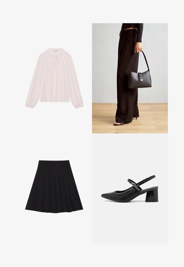 Svetlo roza bluzica z dolgimi rokavi z nekakšnim ovratnikom na vezanje, nabrano spredaj in z nabranimi manšetami. Gladko blago, sproščen kroj in minimalističen dizajn.; Črna plisirana krila iz strukturiranega materiala s prilegajočim pasom. Segajo do kolen in ponujajo gladko, čisto silhueto.; Črne patentne usnjene salonarce s slingback obliko, s koničastim nosom, zaobljenim izrezom in blok peto. Imajo zlato kovinsko zaponko kot dodatno okrasje.; Črna torbica z strukturirano obliko, gladko teksturo in kovinskim zaponko. Ujemajo se z širokimi črnimi hlačami in odprtimi sandali na lesenem tleh.