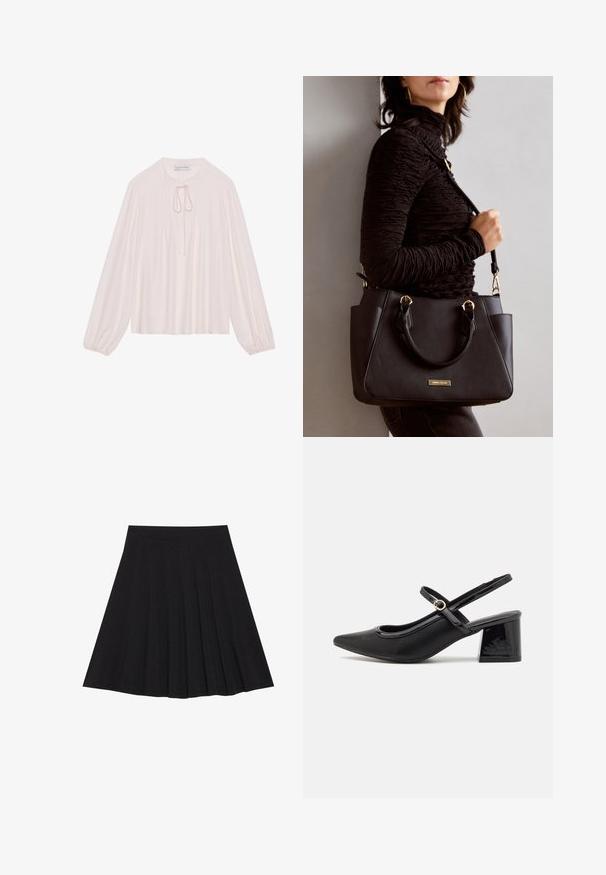 Világos rózsaszín hosszú ujjú blúz, kulcslyuk nyakkal, redőzött elülső résszel és ráncolt mandzsettával. Sima anyag, laza fazon és minimalista dizájn.; Fekete, pliszírozott szoknya texturált anyagból, szűk derékpánttal. Térd alá ér, sima, letisztult vonalvezetéssel.; Fekete lakk bőr, pántos magassarkú cipő, hegyes orral, lekerekített kivágással és tömbsarkal. Arany színű csat díszíti.; Fekete kézitáska texturált felülettel, dupla felső fogantyúval és állítható vállpánttal. Arany színű fém kiegészítők és oldalsó zsebek találhatók rajta.