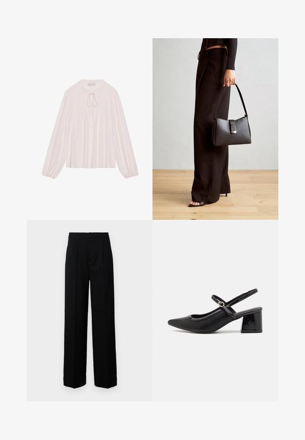 Light pink long-sleeve blouse with a keyhole neck tie, pleated front, and gathered cuffs. Smooth fabric, relaxed fit, and minimalistic design.; Black wide-leg trousers with a smooth texture, featuring a flat front, pleats, and a tailored waistband. No visible hardware or patterns.; Black patent leather slingback heels with a pointed toe, a rounded cutout design, and a block heel. Features a gold-tone buckle accent.; Black handbag with structured shape, smooth texture, and a metallic clasp. Paired with wide black pants and open-toe sandals on wooden floor.