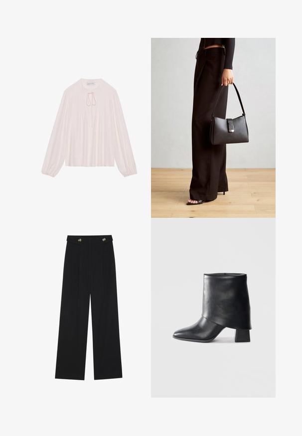 Vaaleanpunainen pitkähiha blouse, jossa on avainaukko- ja solmupääntie, malli joustotaskuilla ja gathered hihansuiden. Sileä kangas, rento malli ja minimalistinen muotoilu.; Mustat leveälahkeiset housut, joissa on korkea vyötärö, napit vyötärönauhassa ja etupuolella laskokset.; Mustat nahka nilkkurit, joissa on terävä kärki, sileä pinta ja jämäkkä lohkosaapas. Ominaisuuksia korkea, taitettu varren muotoilu.; Musta käsilaukku, jossa on rakenteellinen muoto, sileä pinta ja metallinen solki. Yhdistetty leveisiin mustiin housuihin ja avonaiheisiin sandaaleihin puulattialla.