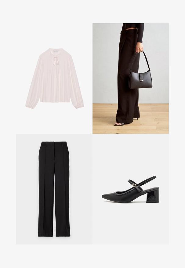 Gaiši rozā garām piedurknēm blūze ar atslēgas caurumu pie kakla, plecatām priekšpusēm un saskaitītām aprocēm. Gluda auduma, brīvāka piegriezuma un minimālistisks dizains.; Melni bikses ar taisnu kāju dizainu, ar divām priekšējām krokām, vidukļa joslu un bez redzamām kabatām vai rotājumiem.; Melns patentēts ādas sandales ar norādīta pirksta formu, noapaļotu izgriezuma dizainu un bloķētu papēdi. Iezīmēta ar zelta toņa sprādzi.; Melnā somiņa ar strukturētu formu, gludu tekstūru un metālu sprādzi. Saskaņota ar platām melnām biksēm un sandālēm ar atvērtu purngalu uz koka grīdas.