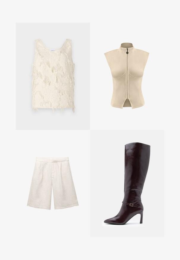 Cremfarbener ärmelloser Top mit einem strukturierten, fransigen Muster und glatten Kanten. Das Etikett am Ausschnitt trägt die Aufschrift "Marella."; Beige ärmellose Jacke mit hohem Kragen und zentralem Reißverschluss. Glatter Stoff mit strukturierter Form und geschlitzt am Saum.; Beige Leinenbermudas mit weitem Bein, versehen mit Vorderfalten und glattem Bund. Der Stoff hat eine leicht strukturierte Oberfläche.; Braune Lederstiefel bis zum Knie mit spitzem Zeh, Stiletto-Absatz und einem dekorativen Riemen mit Schnalle um den Knöchel. Glatte Textur.