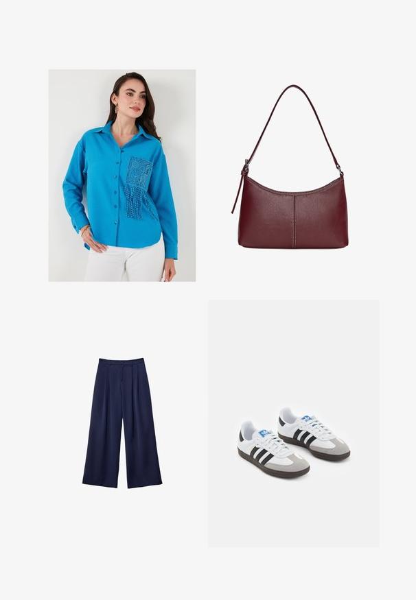 Camicia abbottonata blu con texture, dotata di una tasca in pizzo con bordatura di perline. Le maniche lunghe e il colletto completano il design.; Pantaloni a gamba larga blu navy con pieghe, vita con bottoni e passanti per cintura, mostrati distesi su uno sfondo bianco.; Scarpe sportive con tomaia in pelle bianca, punta in suede grigia e tre strisce nere. Presentano un logo blu sulla linguetta e una suola in gomma testurizzata.; Borsa a tracolla in pelle bordeaux con forma curvata, una sola tracolla e dettagli cuciti al centro. Texture liscia, hardware minimale.