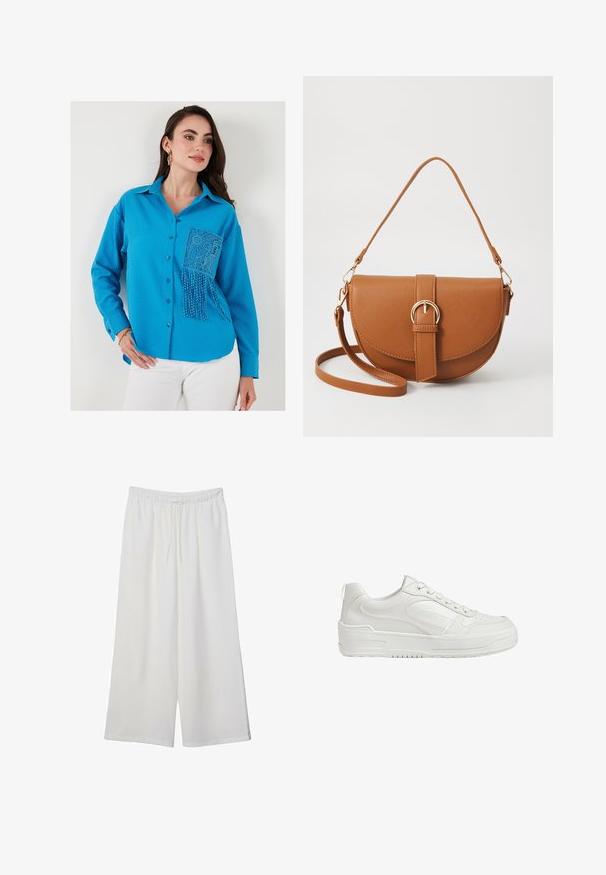 Niebieska koszula z fakturowanego materiału zapinana na guziki, z koronkową kieszonką ozdobioną koralikami. Długie rękawy i kołnierzyk dopełniają całość.; Białe szerokie spodnie wykonane z lekkiego materiału, z elastyczną talią i sznurkiem do regulacji fasonu. Gładka tekstura.; Białe skórzane trampki o gładkiej fakturze, z wyściełanym kostkiem i perforowanym noskiem. Posiadają lekko podwyższoną gumową podeszwę i sznurowany fason.; Brązowa skórzana torba na ramię o zaokrąglonym kształcie, ze złotymi akcentami i zapięciem w formie klamry. Posiada odpinany pasek na ramię.