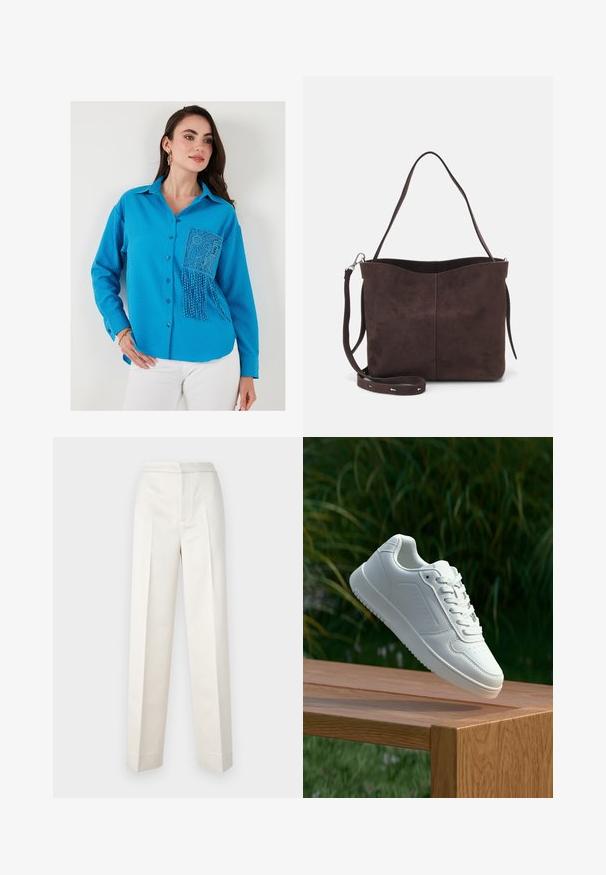 Blue textured button-up shirt with a lace pocket featuring bead trim. Long sleeves and a collar complete the design.; Cream-colored trousers with a tailored fit, featuring a straight leg, smooth fabric, front pleats, and clean hem. Minimalist design.; White sneaker with a smooth synthetic upper, perforated toe box, flat laces, and a textured sole, displayed on a wooden surface.; Brown suede tote bag with a soft texture, featuring a single shoulder strap and a subtle curved top opening. No visible hardware details.