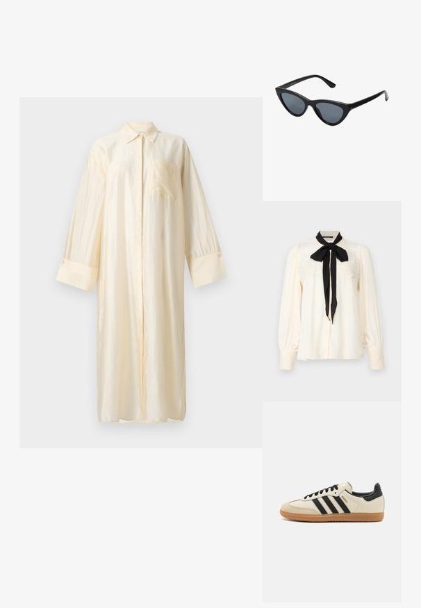 Ivory blouse with a black tie, featuring lace detailing on the chest and delicate accents on the cuffs. Soft, smooth fabric, long sleeves.; Satin long shirt in pale cream, featuring a collar, front button closure, and a chest pocket. Long sleeves with buttoned cuffs.; Beige athletic shoe with black stripes, gum rubber outsole, and black accents. Features a smooth leather upper and a rounded toe design.; Black cat-eye sunglasses with dark gray lenses, sleek plastic frame, pointed corners, and straight temples. No visible hardware or accents.; Metallic gold clutch bag with a rounded, elongated shape, featuring a chain strap and a clasp closure. Smooth, reflective surface texture.
