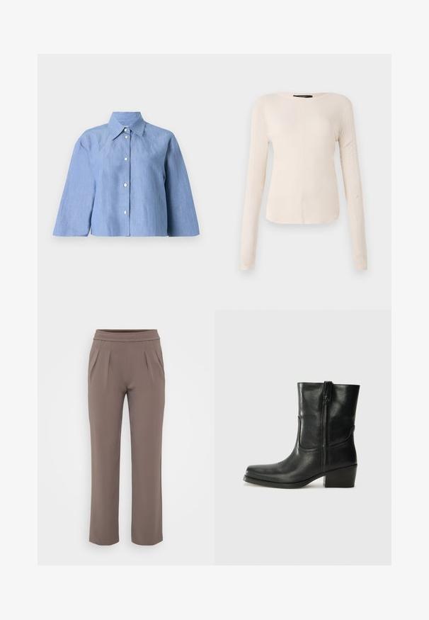 Cămașă scurtă de culoare albastră deschisă, din in, cu guler ascuțit, închidere prin butoni și mâneci three-quarter, având o textură netedă.; Top cu mânecă lungă, de culoare bej deschis, cu decolteu rotund. Realizat dintr-un material moale, prezintă o cusătură centrală și un tiv ușor curbat. Fără elemente de prindere vizibile.; Pantaloni bej cu croi lejer, talie elastică și pliuri frontale, confecționați dintr-un material neted.; Botine din piele neagră, cu vârf rotund, toc pătrat, fermoar pe lateral și accente de cusături pe partea superioară. Textură netedă, design clasic.