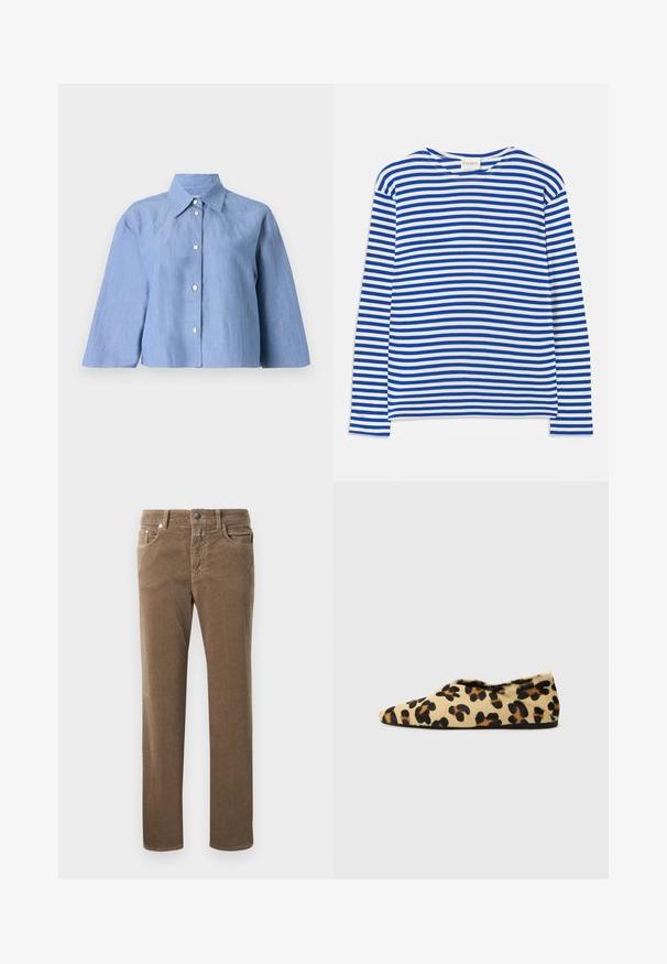 Šviesiai mėlynas trumpas lininių marškiniai, su smailiu apykakle, mygtukų uždarymu priekyje ir trimis ketvirčiais rankovėmis, turinčiais lygų paviršių.; Ilga rankovė marškiniai su mėlynomis ir baltomis horizontaliomis juostelėmis, apvaliu kaklu, ir etiketė "CLOSED" ant apykaklės, padėti ant balto fono.; Rudi kana prekių tiesaus kirpimo kelnes su priekinėmis kišenėmis, diržo kilpomis ir užsegimu mygtuku ant balto fono.; Leopardo rašto plokšti batai, pagaminti iš minkštos odos, su smailiu priekiu ir žemu profiliu. Natūralios spalvos su juodais akcentais.