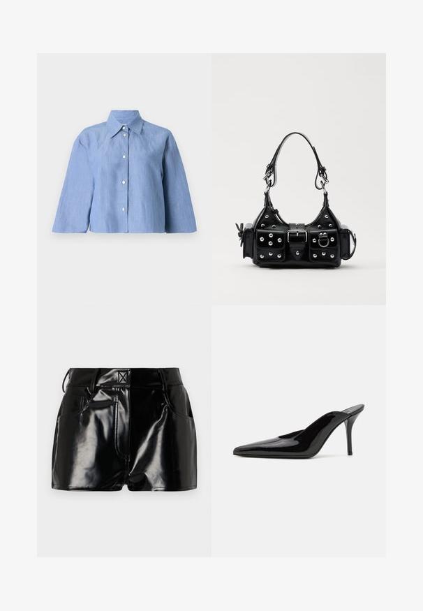 Jasnoniebieska krótka koszula wykonana z lnu, z kołnierzykiem w szpic, zapięciem na guziki i rękawami o długości trzy czwarte, o gładkiej teksturze.; Czarne, błyszczące spodenki wykonane z materiału syntetycznego. Posiadają dopasowaną talię, szlufki na pasek oraz przednie kieszenie z wyraźnymi detalami stębnowania.; Czarne lakierowane mule na wysokim obcasie z wąskim noskiem i elegancką sylwetką, charakteryzujące się otwartym tyłem i smukłym szpilką.; Czarna skórzana torebka w zakrzywionym kształcie, z srebrnymi ćwiekami, klamrą i dwoma bocznymi kieszeniami. Regulowany pasek umożliwiający różne opcje noszenia.