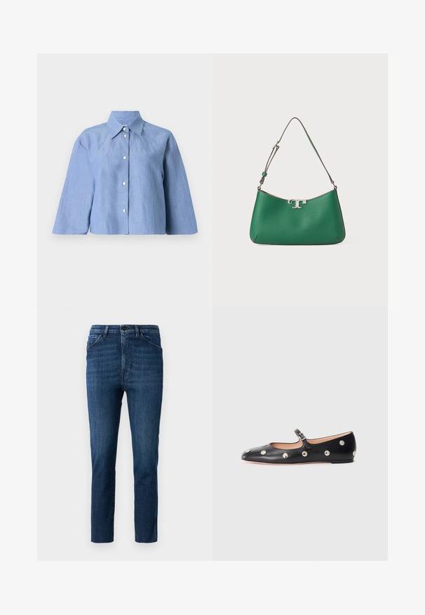 Light blue cropped shirt made of linen, featuring a pointed collar, button front, and three-quarter sleeves with a smooth texture.; Blue slim-fit jeans with classic five-pocket design and button closure, featuring subtle fading and clean straight leg cut.; Black leather Mary Jane flat shoe with a rounded toe, featuring silver circular studs and an adjustable strap with a buckle.; Green leather handbag with a curved shape, silver hardware accent, textured finish, and a single adjustable shoulder strap.