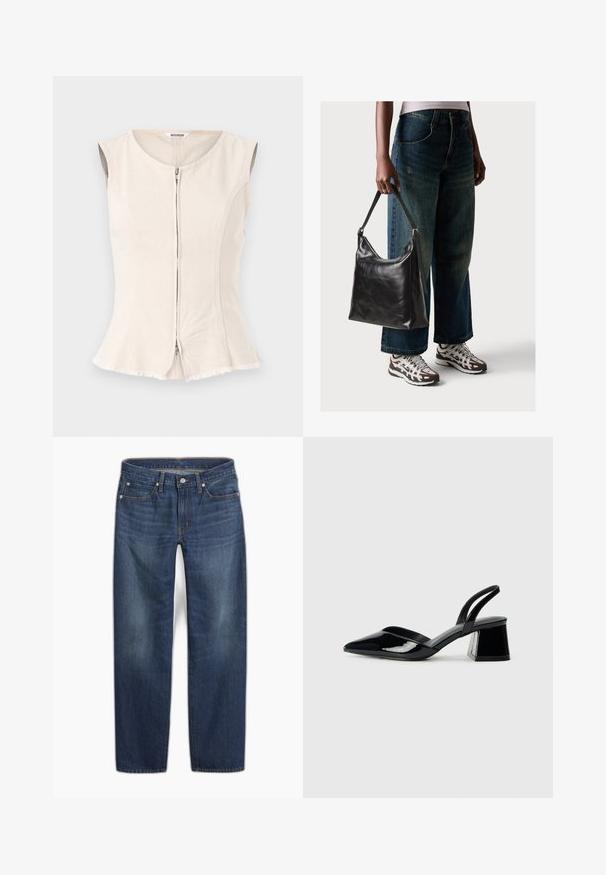 Beige sleeveless top with a round neckline, front zipper closure, and frayed hem. Slightly fitted design with a textured fabric.; Dark blue denim jeans with a straight leg design. Features include a button closure, five pockets, and subtle fading in the fabric.; Black patent leather slingback heels with a pointed toe and a geometric block heel. Features a sleek, minimal design and smooth texture.; Black leather shoulder bag with a smooth texture and adjustable strap, paired with faded wide-leg jeans and athletic sneakers.