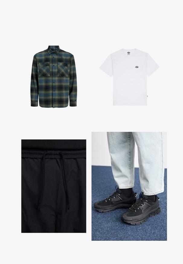 Tume roheline ja meresinine ruuduline flanellipait. Omab klappkaelust, kahte rindu taskut ja pikki varrukaid, millel on nööbid.; Valge puuvillane t-särk lühikeste varrukatega, millel on rinna peal väike must logo ja sildi taga vasakus nurgas.; Mustad lühikesed püksid, millel on paelaga vöökoht, kerge kangas, mis on sileda tekstuuriga ning lihtne disain ilma nähtavate logode või mustriteta.; Mustad mustad jooksukingad, millel on tekstureeritud kangas ja kummist tallad, elastsed nöörid ning sinine aksent kandadel. Kandmine heledate teksadega.