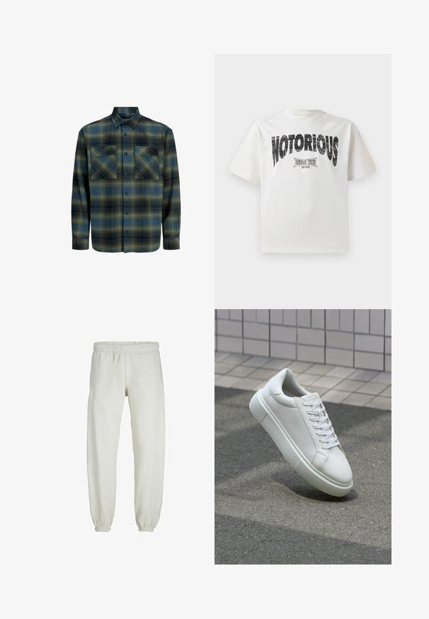 Tamsiai žalia ir jūrinės spalvos švarkai. Savybės: mygtukų tipo apykaklė, dvi krūtinės kišenės ir ilgomis rankovėmis su mygtukų mansetėmis.; Balta medvilnės marškinėliai trumpomis rankovėmis, su ryškiu juodu užrašu "NOTORIOUS" ir dizainu "WORLD TOUR 1990" apačioje, atspausdintu su senoviniu efektu.; Baltos sportinės kelnės, pagamintos iš minkštos medžiagos, su elastinga juosmeniu ir rankogaliais, turinčios lygią tekstūrą ir laisvą siluetą.; Balti odiniai sportbačiai su lygiu paviršiumi, apvalia nosimi ir plokščiomis baltomis raištelėmis. Yra tekstūruotas gumos padas ir minimalizmas dizaino elementuose.