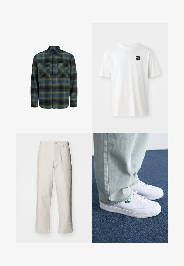 Flanellhemd in dunkelgrünem und marineblauem Karomuster. Verfügt über einen Button-Down-Kragen, zwei Brusttaschen und lange Ärmel mit Knopfmanschetten.; Weißes Baumwoll-T-Shirt mit kurzen Ärmeln und Rundhalsausschnitt; zeigt ein kleines schwarzes rechteckiges Nike Air-Logo auf der linken Brust.; Helle beige weit geschnittene Hose aus Baumwolle. Verfügt über Fronttaschen und einen Knopfverschluss. Glatte Textur mit dezenten vertikalen Streifen.; Weiße Leder-Sneaker mit grünem Nike-Logo, runde Zehenpartie, flache Sohle, kombiniert mit hellblauen Jeans, präsentiert auf einem blauen Teppich.
