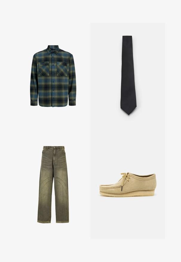 Camicia in flanella a quadri verde scuro e blu navy. Presenta un colletto con bottoni, due tasche sul petto e maniche lunghe con polsini a bottone.; Jeans a gamba larga in denim verde oliva, con dettagli di cuciture curve, chiusura con bottone classico e finitura scolorita.; Scarpa in suede beige con design a lacci, dettagli cuciti e suola in gomma. La forma è casual con un leggero tacco a cuneo.; Cravatta nera stretta con un motivo a coste diagonali testurizzate. Presenta una punta appuntita e una finitura liscia. Adatta per abbigliamento formale.