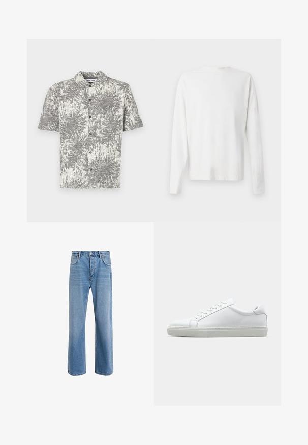 Camisa de botões de manga curta com padrão abstrato em preto e branco. Apresenta gola e botões frontais, feita de tecido leve.; Camisa de algodão branca de mangas longas com decote redondo, fendas laterais na parte inferior e uma textura suave, mostrada de trás.; Calças de ganga azul claro com um design de perna reta, cinco bolsos, fecho de botão, desgaste mínimo e detalhes de costura em contraste.; Sapatilha branca com um cabedal em couro liso e de perfil baixo. Apresenta um bico redondo, seis ilhoses e uma sola de borracha texturizada.