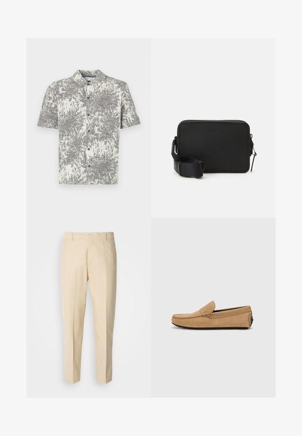 Cămașă cu mâneci scurte și nasturi, cu un model abstract alb-negru. Are guler și nasturi în față, confecționată dintr-un material ușor.; Pantaloni chino bej deschis cu un design drept, textura materialului este netedă, având o închidere frontală cu nasture și două buzunare laterale.; Mocasin din suede bej, cu vârf cusut, design slip-on și talpă din cauciuc negru. Prezintă un branding subtil pe lateral.; Geantă din piele neagră, tip crossbody, cu un finisaj texturat, formă rectangulară, închidere cu fermoar superior și curea ajustabilă. Prezintă o marcă subtilă.