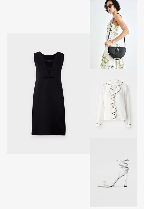 Balta garām piedurknēm blūze ar volānu apkakli un melnu apmalotām pogu rindām. Mīksta tekstūra, regulāras formas, elastīgas aproces.; Melna bez piedurknēm kleita ar V veida kaklasaiti, kurai ir trīs dekoratīvi pušķi gar priekšpusi. Gluda auduma ar pieguļošu dizainu.; Sudrabaini augstpapēžu sūna ar spīdīgu siksnu dizainu, kurā ir pērlēm līdzīgs akcents un spirālveida potītes siksna drošai pieguvei.; Melnas ādas rokassoma ar izliekta formu, noņemamu siksnu un zelta aksesuāriem. Somai ir vāciņš ar sprādzes detaļu.