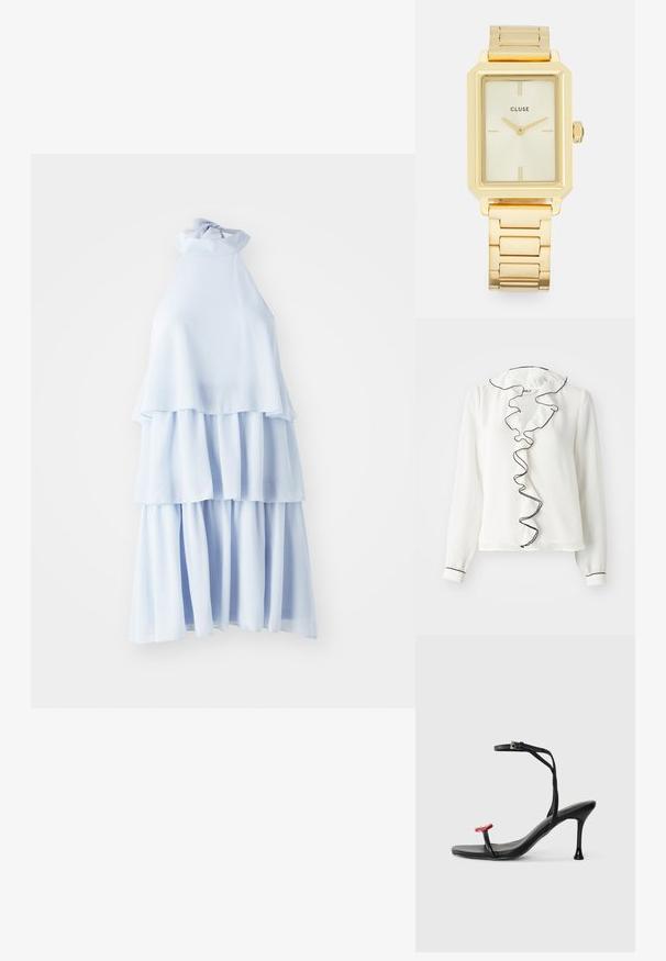 White long-sleeve blouse with a ruffled collar and placket outlined in black. Soft texture, regular fit, elastic cuffs.; Light blue halter dress made of soft fabric, featuring three layered tiers with a flowing silhouette and a tied neck detail.; Black heeled sandal with thin ankle strap and a red accent on the toe. Features a sleek design and glossy finish with a stiletto heel.; Gold rectangular wristwatch with a minimalist design, featuring a cream dial, gold hands, and a metal link bracelet. Markings include brand name.