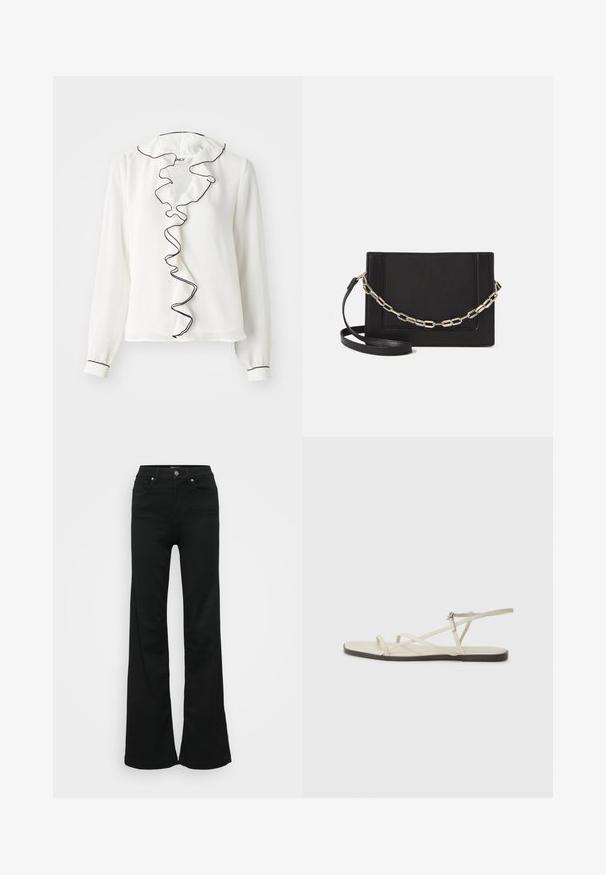 Blusa blanca de mangas largas con un collar fruncido y una tapeta enmarcada en negro. Textura suave, corte regular, puños elásticos.; Pantalones vaqueros negros acampanados de mezclilla, con cintura alta, cinco bolsillos y cierre de botón metálico. Textura suave con un detalle mínimo.; Sandalia plana beige con múltiples correas delgadas y hebilla ajustable. La suela es plana con un leve contraste oscuro en el borde.; Bolso cruzado de piel negra con textura suave, forma rectangular y un detalle de cadena metálica en el frente. Incluye una correa ajustable.