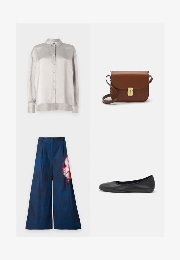 Light beige satin long-sleeve shirt with a button-down front, pointed collar, and slightly rounded hem. Smooth texture with subtle sheen.; Wide-leg trousers in dark navy fabric, featuring a floral print in pink and yellow on one side, with a button closure at the waist.; Black leather ballet flat with a rounded toe, smooth texture, minimal stitching detail, and a flexible sole design.; Brown leather handbag with a flap closure, gold-tone hardware, a shoulder strap, and a smooth texture. Compact rectangular shape.