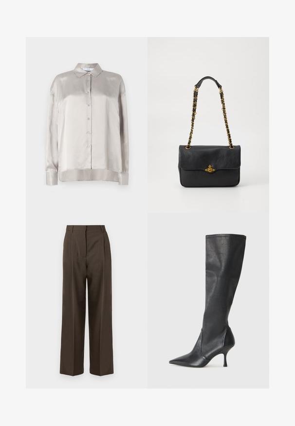 Šviesiai bežinė satino ilgarankovė marškinė su mygtukų užsegimu, smailiu apykaklės dizainu ir šiek tiek suapvalintu hemu. Lygi tekstūra su subtiliu blizgesiu.; Rudos platesnios kelnės su lygiu paviršiumi, turinčios aukštą liemenį, priekinės klostes ir pritaikytą dizainą. Nėra matomų kišenių ar puošmenų.; Juodų odinių batų iki kelių su smailiu pirštu ir plonu stiletto kulnu. Lygus paviršius, pritaikytas dizainas ir siuvimas viršutiniame krašte.; Juodas odinis rankinukas su užlenkiama sklende, auksinės spalvos grandinėlė ir logotipo detalių dekoracija priekyje. Lygi tekstūra.