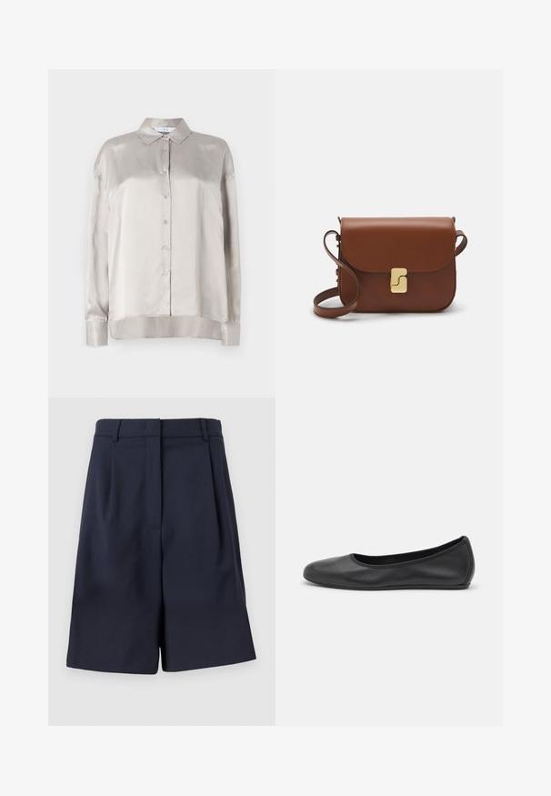 Light beige satin long-sleeve shirt with a button-down front, pointed collar, and slightly rounded hem. Smooth texture with subtle sheen.; Navy blue tailored shorts made from a smooth fabric with a high waist, pleats at the front, and side pockets. Clean, structured silhouette.; Black leather ballet flat with a rounded toe, smooth texture, minimal stitching detail, and a flexible sole design.; Brown leather handbag with a flap closure, gold-tone hardware, a shoulder strap, and a smooth texture. Compact rectangular shape.