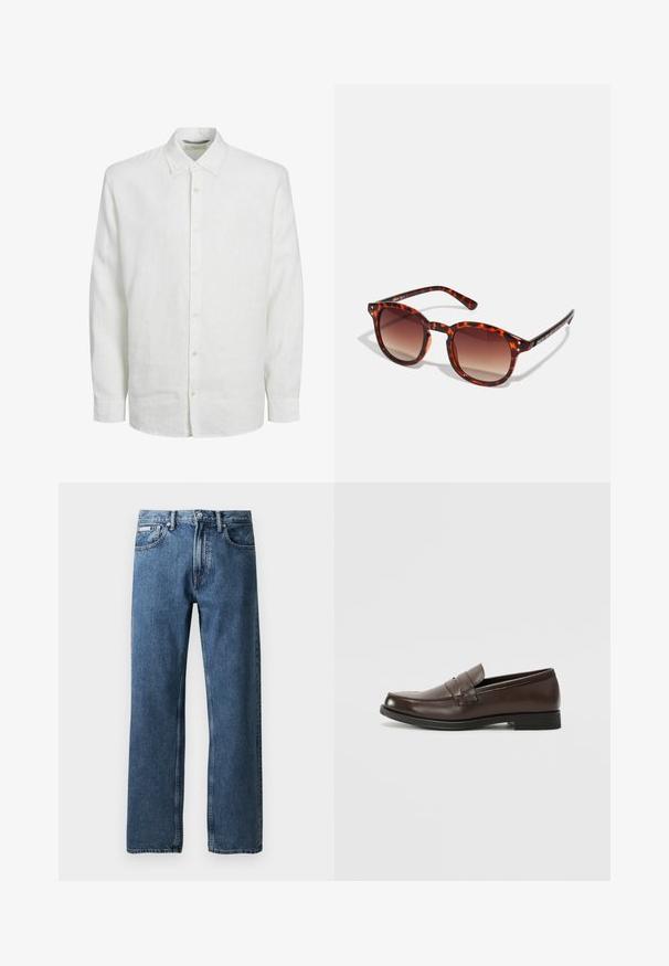 Bela dolgozla majica iz lanu, s sprednjim zapenjanjem, klasičnim ovratnikom in subtilno teksturo. Rokavi se končajo na zapestju z gumbi.; Modre naravnost krojene kavbojke z visokim pasom, zapenjanjem na gumb in zadrgo, sprednjimi žepi in majhno belo blagovno oznako na desnem žepu.; Rjavi usnjeni loafer z zaobljenim prstom, dekorativnimi šivi in majhnim, ravnim peto. Gladka tekstura z zmernimi oblikovalskimi elementi.; Soncečna očala v žametu s prelivnimi rjavimi lečami, zaobljene oblike in črnimi tempeljskimi poudarki; vsebujejo dve majhni kovinski doti blizu leč.; Črna usnjena torba čez ramo s poklopcem, dvema srebrnima zaponkama, rumenim šivom in nastavljivim trakom. Ima gladko teksturo in kompaktno zasnovo.