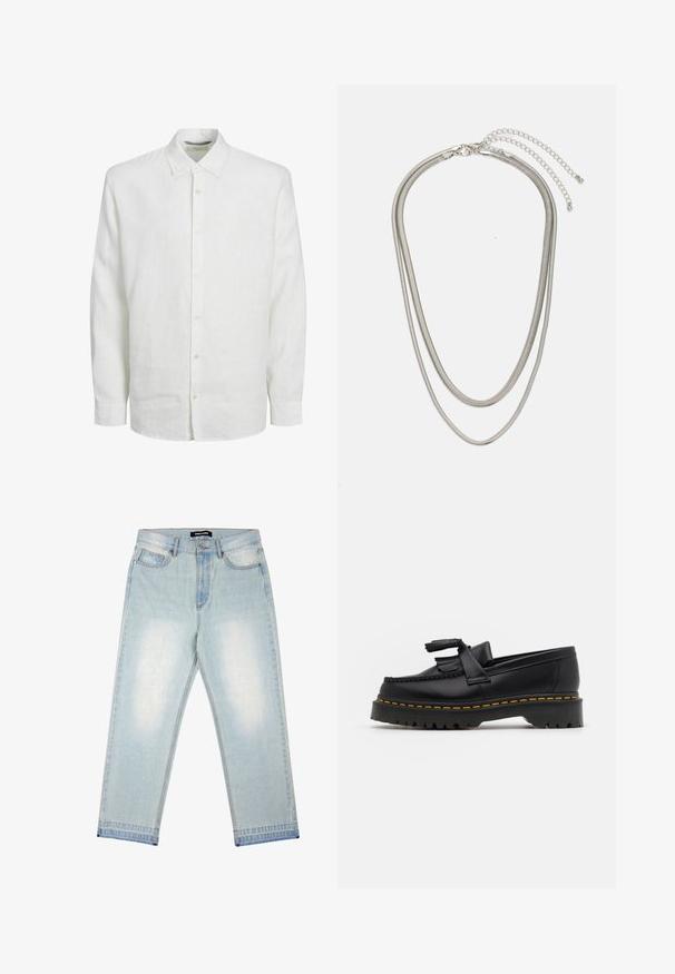 Balta garās piedurknes krekls, izgatavots no lina, ar pogu aizdari priekšā, klasisku apkakli un smalku tekstūru. Piedurknes beidzas pie plaukstas ar pogu aprocēm.; Pegador BARROW - Brīvi džinsi - sand washed blue; Melnas ādas mokasīni ar pērlītēm uzsvaru, ar masīvu melnu zoli un dzeltenu šuvumu gar malu. Ar teksturētu apdari.; Trīslīmeņu sudraba metāla kaklarota ar gludām, elastīgām ķēdēm, kas spīd, droši piestiprināta ar omā uzgali un regulējamu ķēdi.