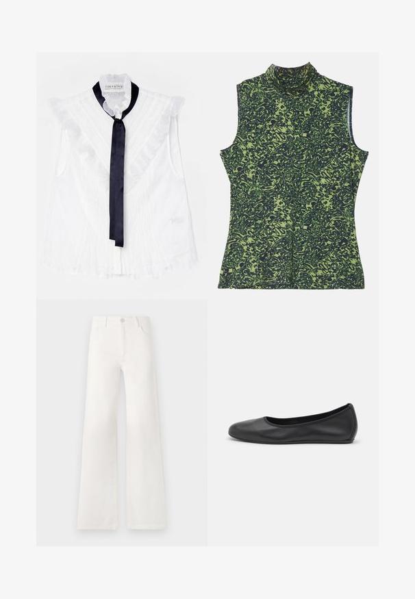 Fehér ujjatlan blúz fodros részletekkel és sötétkék selyemnyakkendővel a nyaknál. Texturált anyag, finom mintával.; Ujjatlan, garbónyakú felső zöld és sötétkék mintával, texturált, organikus dizájnnal. Puha anyagból készült, laza szabással.; Fehér, magas derekú, bő szabású farmernadrág. Gombos záródással, két elülső zsebbel és oldalsó varrásokkal rendelkezik, amelyek varrási részleteket tartalmaznak.; Fekete bőr balettcipő lekerekített orral, sima tekstúrával, minimális varrással és rugalmas talp kialakítással.