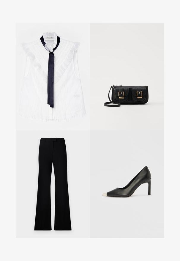 Blouse blanche sans manches avec des volants et un nœud en satin bleu foncé au cou. Tissu texturé avec un motif délicat.; Pantalons évasés noirs avec une texture lisse, une taille cintrée et des poches avant, conçus avec une silhouette moderne et élégante.; Chaussure à talon haut en cuir noir avec bout pointu et capuchon argenté métallique. Présente une finition lisse et un talon fin de 10 cm.; Sac en cuir noir porté en travers avec deux poches avant, boucles dorées, fermeture zippée et une sangle fine. Surface texturée et forme rectangulaire compacte.