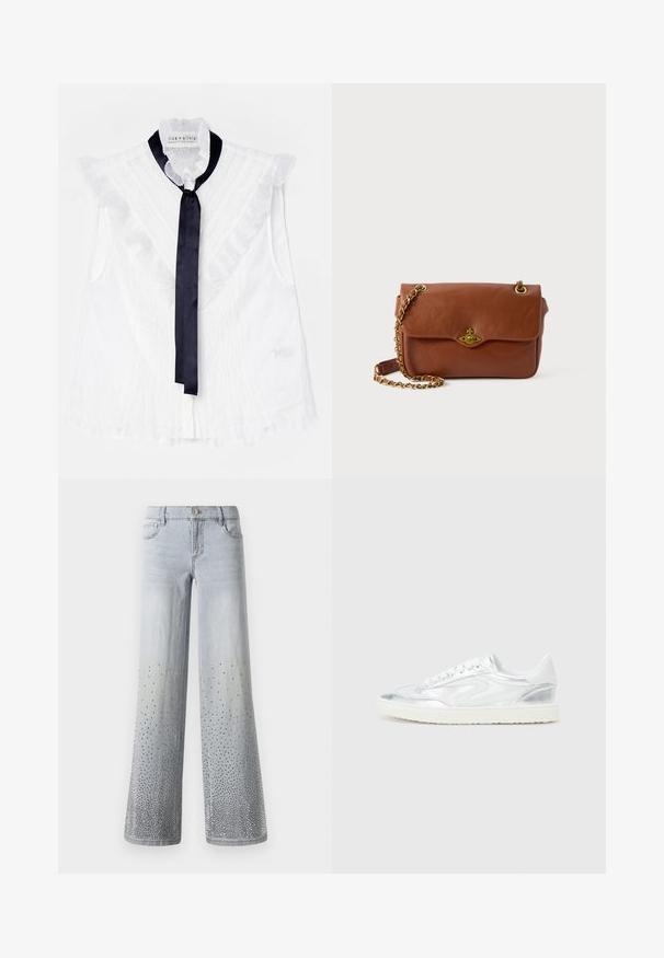 Vit ärmlös blus med rynkade detaljer och ett mörkblått satinband vid halsen. Strukturerat tyg med ett fint mönster.; Ljusblå vida denimjeans med en gradvis ombre-effekt, prydda med silverfärgade nitar på den nedre halvan.; Vita sneakers med metallisk silverdetaljer, slät yta, rund tå, platt sula och traditionell snörning.; Brun lädercrossbodyväska med klaffstängning, guldfärgad hårdvara och kedjesnodd. Slät textur, rektangulär form, minimal detaljering.