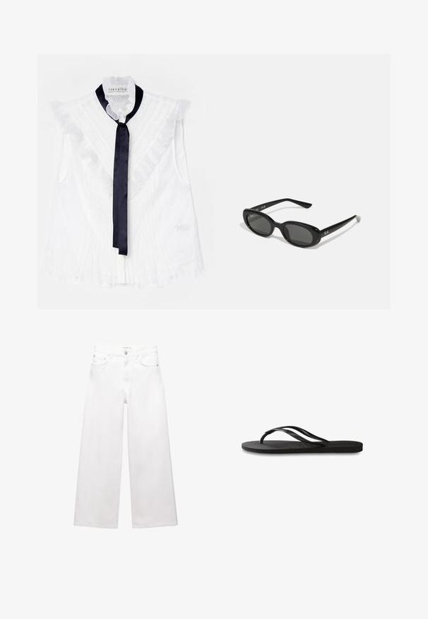 Blusa bianca senza maniche con dettagli a volant e un nodo in raso blu scuro al collo. Tessuto testurizzato con un motivo delicato.; Jeans bianchi a gamba larga in cotone, caratterizzati da un'alta vita, design a cinque tasche e dettagli in ottone. Texture liscia e non trattata.; Infradito neri con suola in gomma testurizzata, due cinghie sottili e un sottile dettaglio del logo impresso sulla cinghia.; Occhiali da sole neri con lenti ovali, montatura in plastica lucida e stecche sottili. Presentano il logo Ray-Ban in bianco sul lato.
