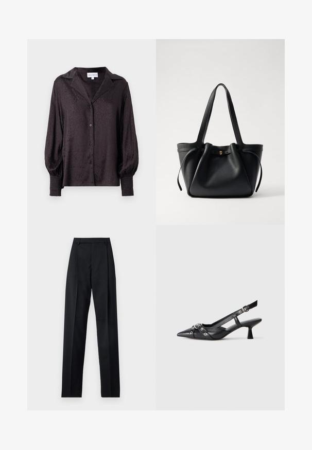 Juoda satino bluzelė su subtiliu gyvūnų raštu, mygtukų užsegimas ir laisvas kirpimas. Turėtų pūstomis rankovėmis ir smockingo detale prie rankogalių.; Juodos kelnės iš lygaus audinio, pasižyminčios aukštu liemeniu, plačiomis kojomis, priekinėmis klostėmis ir klasikiais diržo kilpomis. Šoninių kišenių nematyti.; Juodas odinis slingback tipo batai su smailiu priekiniu atvartu, dekoratyvinėmis sagtimis su metaliniais akyčiais ir žemu blokiniu kulnu. Saldus paviršius.; Juodas odinis rankinis krepšys su dviem ilgom diržais, surišamu viršumi ir auksiniu apvaliu akcentu. Lygus paviršius su minimalistiniu dizainu.