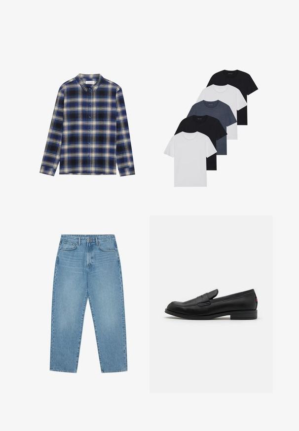 Modra in črna karirasta srajca z dolgimi rokavi, ki ima klasičen ovratnik in kontrastne svetle črte. Zapiranje na gumb spredaj.; Set petih majic v črni, beli in mornarsko modri barvi. Bombažni material, kratki rokavi, krojen vrh z okroglim izrezom ter enostavno teksturo brez vzorcev.; Svijetloplavi traper široki traperice s visokim strukom, s pet džepova, petljama za remen i mekom, pomalo izblijedjelom teksturom.; Črne usnjene mokasine z gladko površino, zaobljenim nosom in majhnim okrasnim preklopom. Imajo nizek zložen peto in subtilen detajl blagovne znamke.