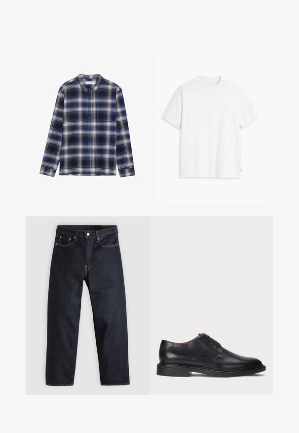 Sinine ja must ruuduline nööbid-müts särgiga, millel on pikad varrukad, klassikaline krae ja kontrastsed heledamad ruudud. Ees nööbid.; Valge puuvillane T-särk lühikeste varrukatega, ümmarguse kaelusega ja esiküljel heledas toonis peen "Levi's" logo.; Tumedad sinised teksad sirge lõikega, viie taskuga, kontrastsete oranžide õmblustega ja nööpide kinnitusega. Ilma nähtavate mustrite või kaunistusteta.; Must musta kleitjalats ümarate varvastega, paeltega disain ja madal virnastatud konts. Sile tekstuur minimaalsete õmblustega.