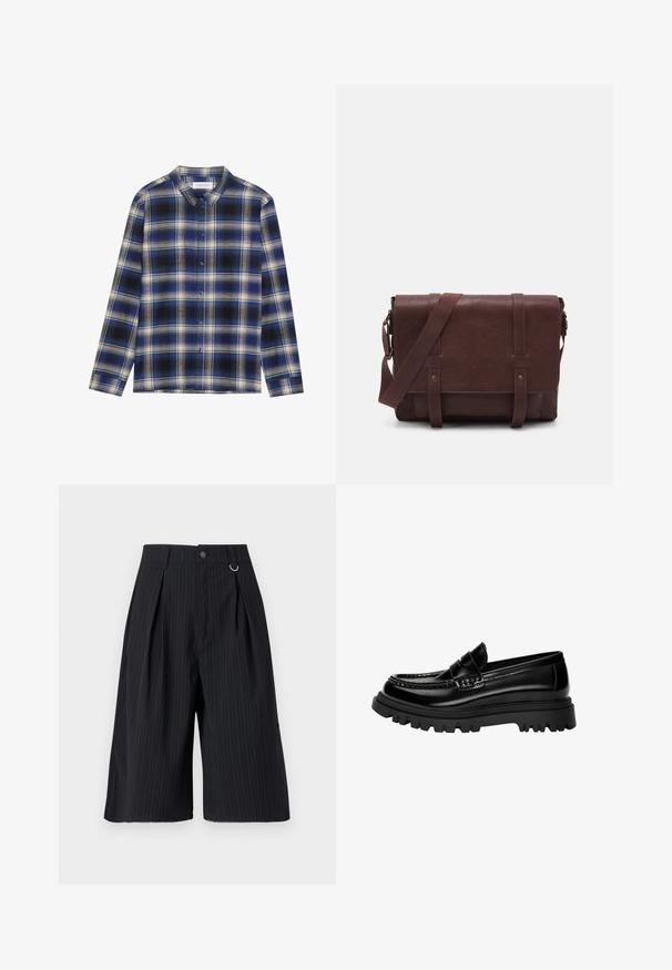 Sininen ja musta ruutuinen flanellipaita pitkillä hihoilla, jossa on klassinen kaulus ja vaaleat ruutukuviot. Edessä nappikiinnitys.; Valkoiset puuvillaiset hihattomat topit, pyöreä pääntie, yksinkertainen kuvio, pehmeä ja kevyt kangas. Kaksi kappaletta esillä.; Mustat pinstripe-shortsit, joissa on plektit, nappikiinnitys ja metallirenkaalla varustettu yksityiskohta. Sujuva kangas, jossa on muotoiltu istuvuus ja polven pituisen muotoilu.; Musta kiiltävä nahkainen loaferi, jossa on teksturoitu hihna, varustettu paksulla mustalla kumipohjalla, jossa on syvät urat ja klassinen mokkasiinimuotoilu.; Ruskea nahkainen viestintälaatikko, jossa on litteä etuläppä, kaksi remmiä, kultaiset yksityiskohdat ja säädettävä olkahihna.