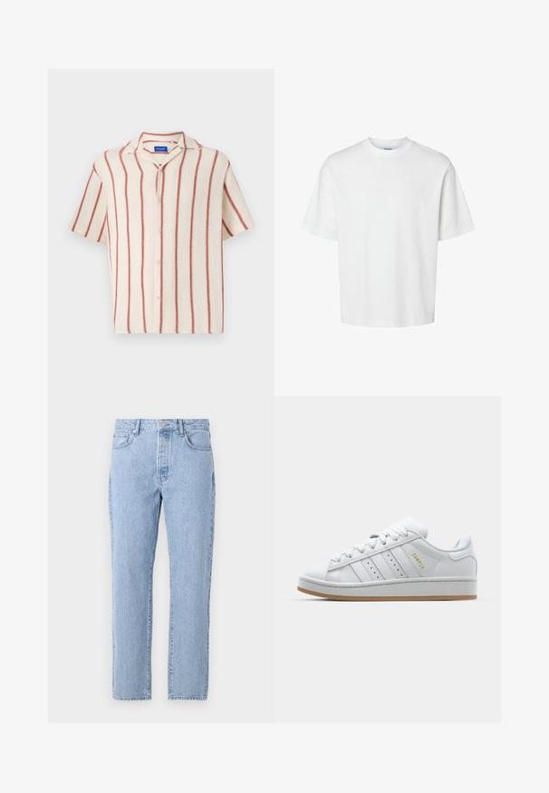 Raitapaita lyhythihaisena kermaisen materiaalin kanssa, jossa on punaiset pystyruttaa, varustettuna lovetulla kauluksella ja etupainokannella.; Valkoinen puuvillapaita lyhyillä hihoilla, pyöreällä kaula-aukolta ja rentoa istuvuutta. Sujuva pinta ilman näkyviä kuvioita tai korostuksia.; Vaaleansiniset farkut suoranlahkeisella muotoilulla, viisi taskua ja nappisuljenta. Pehmeä pinta klassisella haalistuilla viimeistelyllä.; Valkoiset tennarit, joissa on läpikuultava kolmiraidallinen muotoilu, tekstuuriset korostukset, kumipohja ja kultainen "CAMPUS" -logo sivulla.