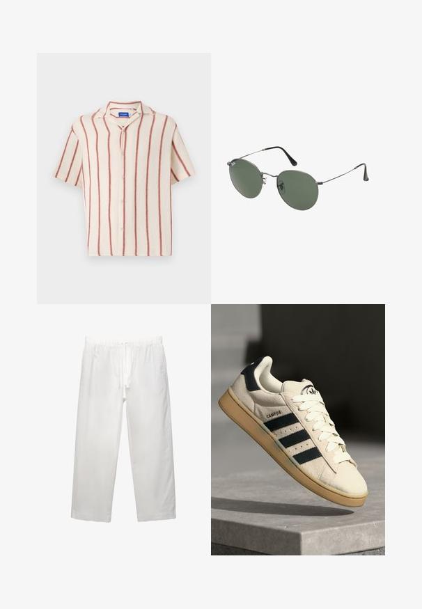 Cămașă din material crem cu mâneci scurte, decorată cu dungi verticale roșii, având un guler cu decupaj și închidere frontală cu nasturi.; Pantaloni albi din in, cu talie elastică și șnur, design cu picior larg și cusături curate. Textură netedă cu o croială casual.; Adidași din suede bej cu trei dungi albastre închise, șireturi albe și o talpă din cauciuc bej. Prezintă un logo pe limba pantofului și textul "CAMPUS".; Ochelari de soare cu ramă metalică, dotati cu lentile ovale verzi. Ramă subțire din metal argintiu și ușițe negre. Design minimalist, fără logo-uri vizibile.
