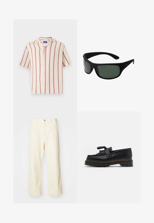 Lühikeste varrukatega nööpidega särk kreemjas kangas punaste vertikaalsete triipudega, millel on lõigatud krae ja esine nööpide sulgumine.; Koorevärvi, laiad puuvillased püksid, millel on nööbiga kinnitamine, vöökoha aasad ja õmmeldud äär. Sile tekstuur, ilma nähtavate mustriteta.; Mustmust musta loafer, millel on frantsiisi aktsent, paks must tald ja kollane õmblus servas. Tekstuuriga viimistlus.; Mustad mustasviruliste läätsedega prillid. Matu viimistlus, kumer disain, sirged käed ja diskreetne bränding külgedel.