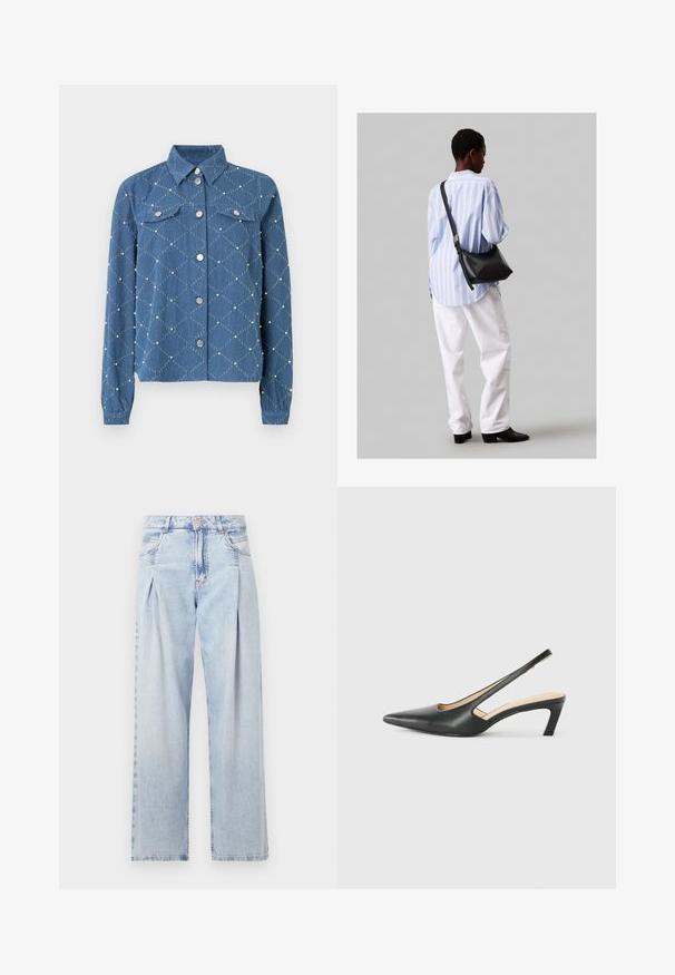 Jeansowa kurtka w diamentowy wzór, jasnoniebieski kolor, metalowe napy, dwie kieszenie na piersi oraz teksturowe akcenty w postaci małych białych koralików.; Jasnoniebieskie dżinsy z wysokim stanem, szerokimi nogawkami, dwoma bocznymi kieszeniami oraz plisowanym wzorem. Miękka tekstura z wyblakłym wykończeniem.; Czarny but na obcasie typu slingback z ostro zakończonym noskiem, z niskim obcasem, wykonany z gładkiej skóry, z wycięciem po boku dla lepszej wentylacji.; Czarna skórzana torba na ramię o miękkiej fakturze, w kształcie trójkąta, z regulowanym paskiem, połączona z jasnoniebieską koszulą w paski i białymi spodniami.