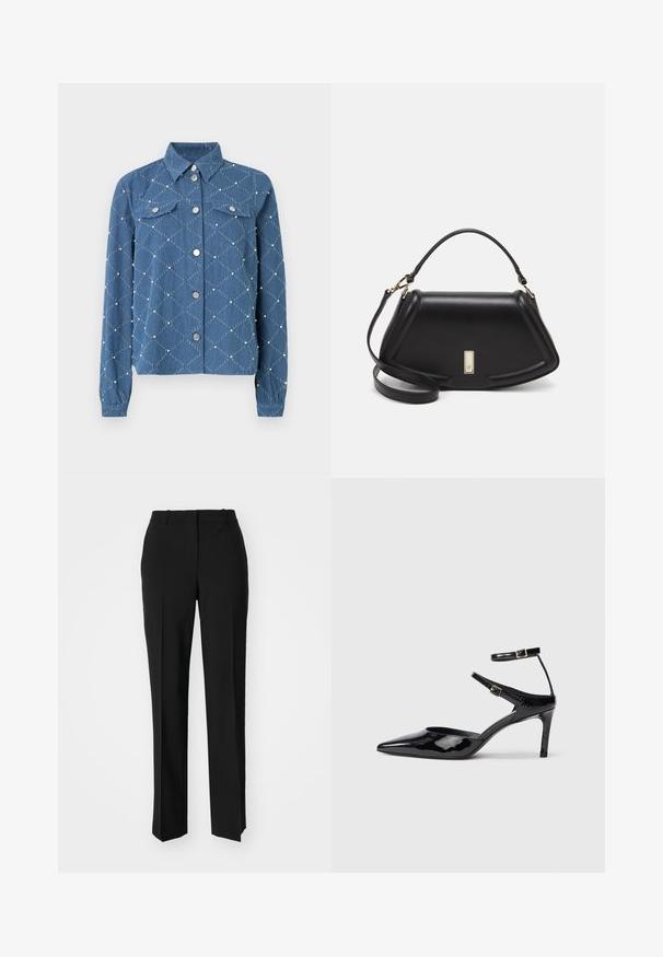 Jeansjakke med diamantmønster, lyseblå farge, metallknapper, to brystlommer og teksturerte detaljer av små hvite perler.; Sorte skreddersydde bukser med rett silhuett, med en glatt tekstur og klare pressede bretter foran. Ingen synlig maskinvare.; Sorte lakkede hæle med spids tå, justerbare ankelstropper og en slank hæl. Glat tekstur med en skinnende overflade.; Sort lærveske med en strukturert design, som har en avkortet form, topphåndtak og detaljer i gull. Justerbar skulderstropp inkludert.