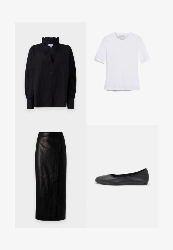 Čierna blúzka s volánovým golierom a dlhými, nafúknutými rukávmi. Má zapínanie na gombíky a voľný strih z hladkej látky.; Biela krátka tričko s krátkymi rukávmi vyrobené z rebrovanej látky. Klasický okrúhly výstrih, bežný strih a jemné švy. Bez vzorov alebo grafiky.; Čierna kožená midi sukňa s prekrývajúcim dizajnom, s bočným zapínaním na gombík, hladkou textúrou a priamym strihom.; Čierne kožené baleríny s okrúhlou špičkou, hladkým povrchom, minimálnym prešívaním a flexibilným dizajnom podrážky.