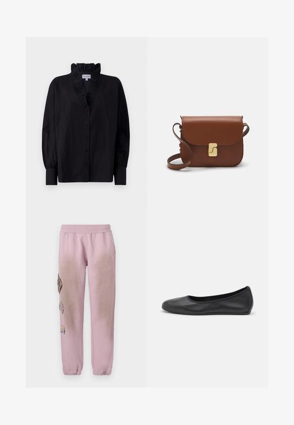 Sort bluse med rynket krave og lange, pufferede ærmer. Har en knaplukning foran og en løs pasform i et glat stof.; Hvid kortærmet t-shirt lavet af ribbet stof. Rund halsudskæring, almindelig pasform og subtile syninger. Ingen mønstre eller grafik.; Lyserøde sweatpants med elastisk talje, prydet med dekorative patches i diamantform på venstre side og elastiske manchetter ved anklerne.; Sort læderballetsko med rund tå, glat tekstur, minimal syning og et fleksibelt såldesign.; Brun læder håndtaske med flaplukning, hardware i gyldent tone, en skulderrem og en glat overflade. Kompakt rektangulær form.