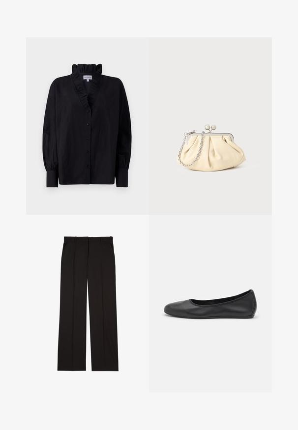 Sort bluse med rynket krave og lange, pufferede ærmer. Har en knaplukning foran og en løs pasform i et glat stof.; Sorte skræddersyede bukser lavet af et glat stof, med et lige ben-design og to sidelommer. Elegant og minimalistisk konstruktion.; Sort læderballetsko med rund tå, glat tekstur, minimal syning og et fleksibelt såldesign.; Plisseret beige læderclutch med en sølvmetalramme, der har to runde dekorative låse og en sølvkædetrasporte.