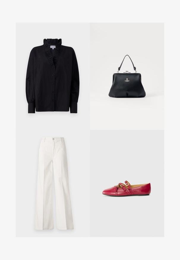 Crna bluzica s nabranim okovratnikom i dugim, napuhanim rukavima. Ima dugmad sprijeda i labav kroj od glatkog materijala.; Bijele široke hlače izrađene od pamuka s glatkom teksturom. Imaju prednji gumb, patentni zatvarač i dizajn s četiri džepa.; Crvene kožne balerinke s istaknutim vrhom, dvostrukim remenima s zlatnim okovima i crnom potplatom niskog profila. Glatka tekstura.; Crna kožna torbica s teksturiranom površinom, srebrnim hardverom, kopčom za zatvaranje i kratkom ručkom za nošenje. Kompaktna i strukturirana dizajn.