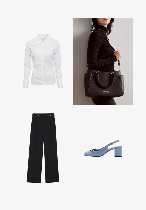 Chemise blanche à manches longues avec un col classique, un devant à boutons et un tissu en coton lisse. Design minimaliste, sans motifs ni accents.; Pantalons larges noirs à taille haute, avec des détails de boutons à la taille et des plis sur le devant.; Mango Escarpins - dark blue; Sac à main noir avec surface texturée, deux poignées supérieures et bandoulière réglable. Doté de quincaillerie dorée et de poches latérales.