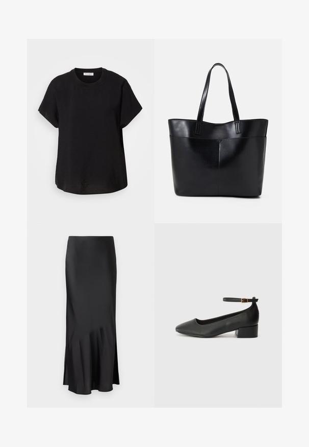 Czarny t-shirt z krótkim rękawem i okrągłym dekoltem. Wykonany z lekkiego materiału, charakteryzujący się luźnym krojem i prostym dołem.; Czarna satynowa spódnica midi o eleganckim fasonie, z delikatnym rozkloszowaniem u dołu i bocznym rozcięciem dla większej swobody ruchów. Gładka tekstura.; Czarne skórzane szpilki z ostrym noskiem i niskim słupkowym obcasem. Wyposażone w pasek na kostkę z złotym zapięciem. Gładka tekstura.; Czarna skórzana torba na ramię z dwoma długimi uchwytami, gładką teksturą i sztywną formą. Posiada przednią kieszeń dla dodatkowego przechowywania.