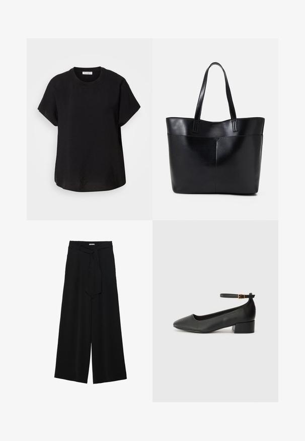 Čierne tričko s krátkym rukávom a okrúhlym výstrihom. Vyrobené z ľahkej látky, má voľný strih a rovný lem na spodnej strane.; Čierne široké nohavice s textúrovanou tkaninou, elastickým pásom a odnímateľným viazaním na páse pre nastaviteľné priliehanie.; Čierne kožené lodičky s špicatou špičkou a nízkym blokovým podpätkom. Obsahuje remienok okolo členka so zlatým prackou. Hladký povrch.; Čierna kožená tote taška s dvoma dlhými rúčkami, hladkým povrchom a štruktúrovaným tvarom. Obsahuje prednú kapsu pre dodatočné uskladnenie.